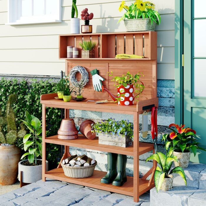 Large Wooden Farmhouse Rustic Outdoor Potting Bench Table, Patio Workstation, Garden Potting Bench - Image 2