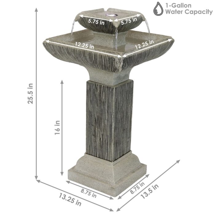 Sunnydaze 2-Tier Square Bird Bath Outdoor Water Fountain 25" Feature with LEDs - Image 2