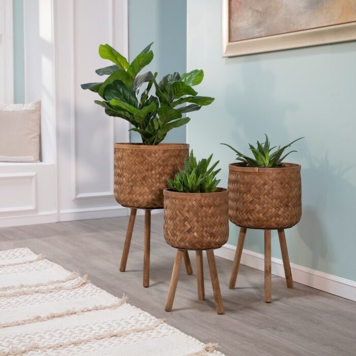 Bamboo Woven Plant Pot Stand Indoor Plant Stand Elevated Planter with Wood Legs Living Room Flower Pot Display Rack