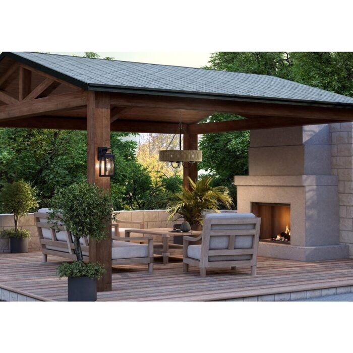 Pembroke Collection 3-Light 21.5 in. Matte Black Outdoor Pendant with Mocha Rattan Accents and Seeded Glass Shades - Large - Image 2