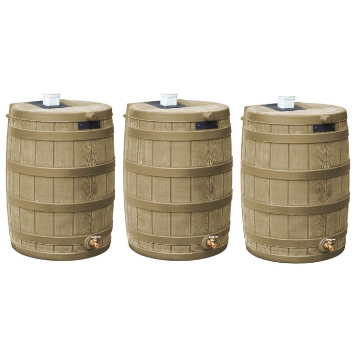 Good Ideas Rain Wizard 50 Gallon Plastic Barrel Water Collector, Khaki (3 Pack) - 19