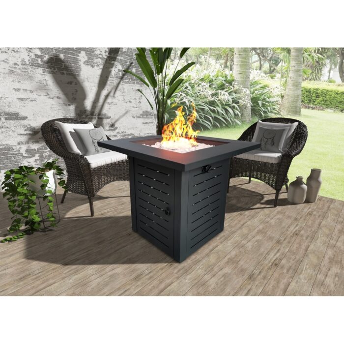 Jaya Black Metal Square Fire Pit with Glass Rocks