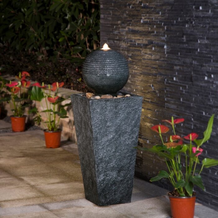 Glitzhome 31.75"H Polyresin Sphere Pedestal Outdoor Fountain With Pebbles Pump LED Light