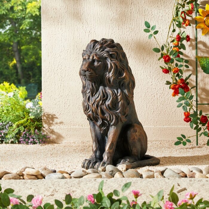 Glitzhome MGO Vintage Sitting & Lying Lion Guardian Garden Statue Indoor Outdoor - Image 2