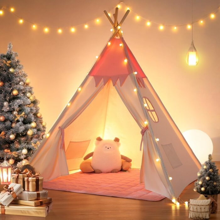 Foldable Teepee Tent for Kids with Padded Mat and light String (Pink)