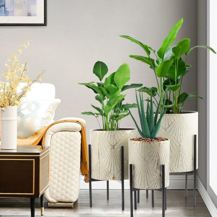 Grey and Gold Metal Cachepot Planters with Black Stand (Set of 3) - Image 2