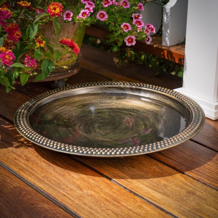 18" Beaded Copper Birdbath Basin in Aged Brass Finish - Image 2