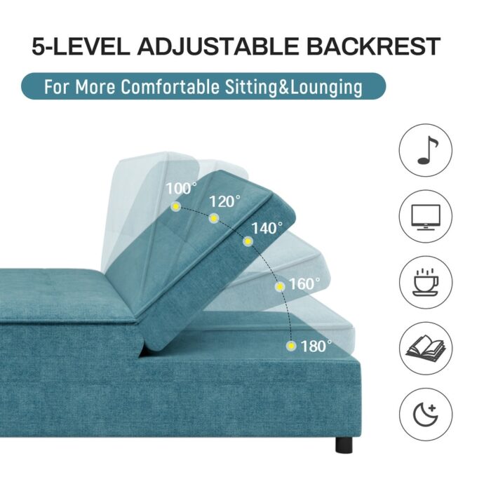 Pull-out Sleeper Sofa Folding Ottoman Recliner with Pocket, Teal Blue