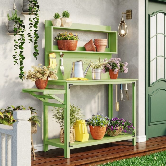 Garden Potting Bench Outdoor Wooden Workstation Table with Shelves