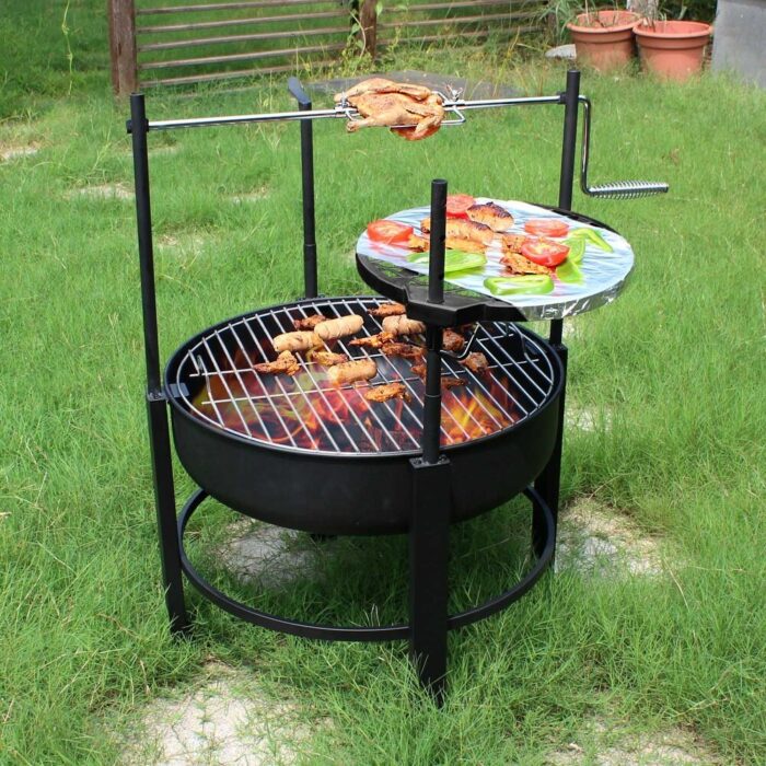 Multi-functional Fire Pit with 2 Grill Round Metal Firepit Removable Cooking Grill with Turkey Fork, Grilling Pan, Log Rack