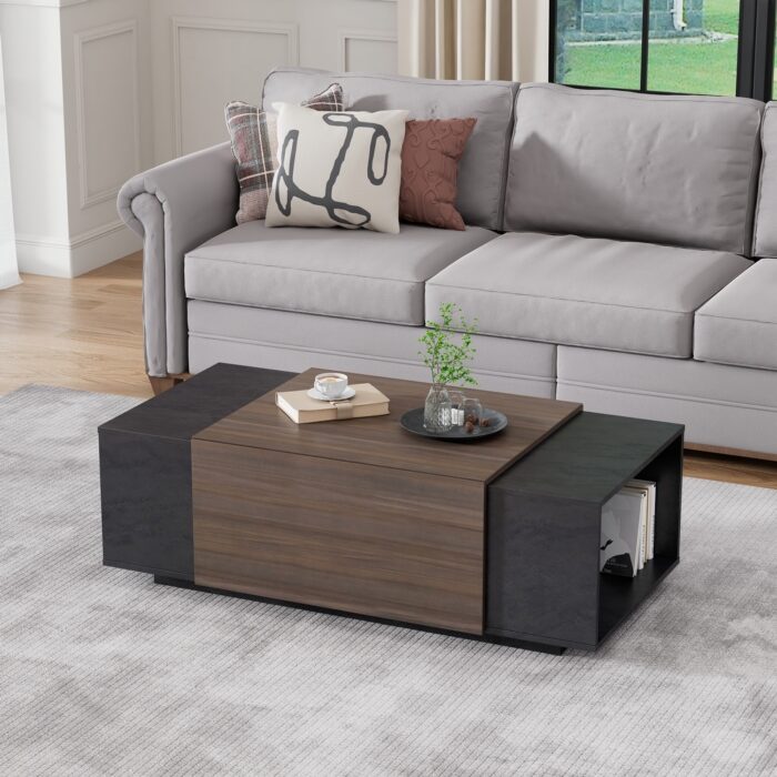 Light Brown Coffee Table Wood End Table with Hidden Storage & Drawer - Image 2
