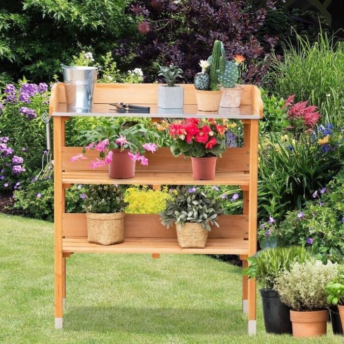 Outdoor Garden Bench Table with Bottom Storage Shelves and Metal Top - 30" x 14.5" x 35" - Image 2