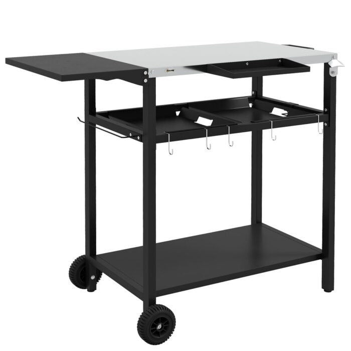 Outsunny Outdoor Bar Table with Stainless Steel Tabletop, Outdoor Kitchen Island with 2-Tier Shelf with Wheels, Patio Serving - Image 2