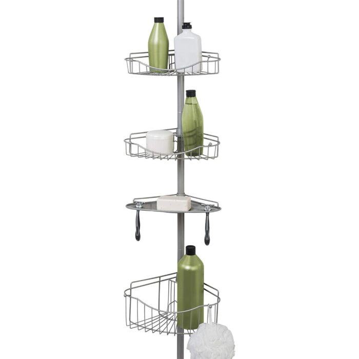 Tension Pole Shower Caddy, 3 Basket Shelves with Soap Tray, Adjustable, 60 to 97 Inch, Satin Nickel