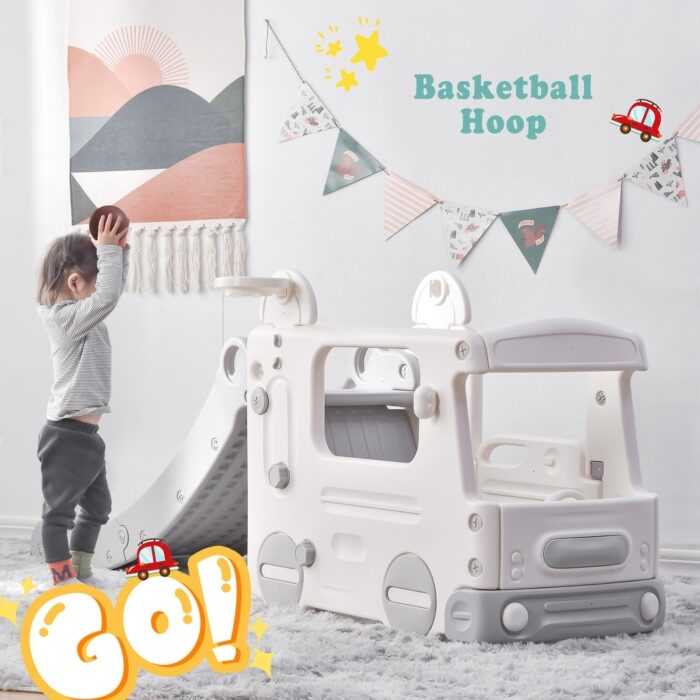 Kids Slide with Bus Play Structure with Basketball Hoop - Image 2