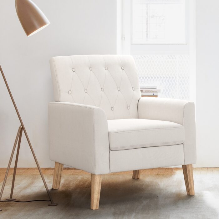 LUE BONA Linen and Walnut Legs Mid Century Modern Button Tufted Accent Chair - 29.53'' H X 30'' W X 33.07'' D
