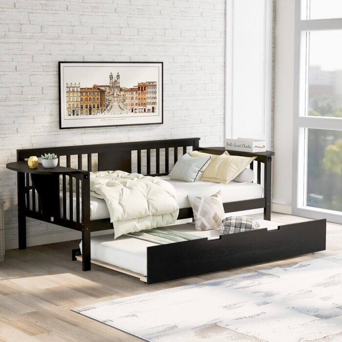 Modern Full Size Solide Pine Wood Daybed with 2 Small Tables, 3 Side Rails and Trundle - Image 2