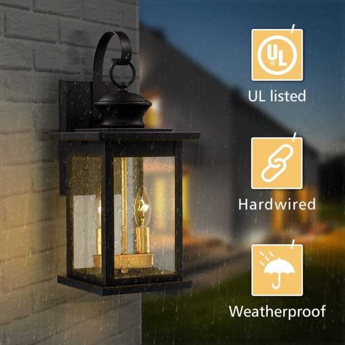 2-light Outdoor Wall Sconce Exterior Light With Seeded Glass - 7.8 x 8.9 x 17.7 inches - Image 2
