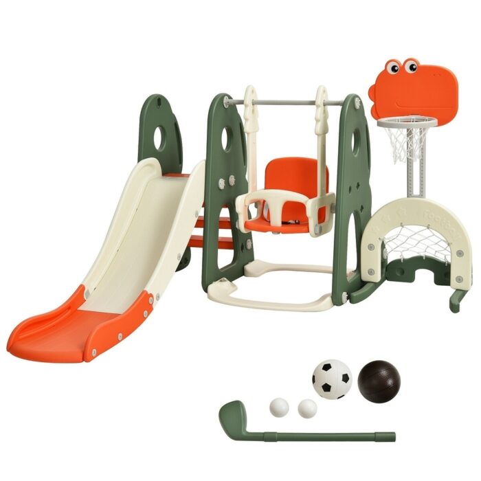 6 in 1 Toddler Slide and Swing Set with Ball Games - 68'' x 77.5'' x 42.5''-47.5'' (L x W x H)