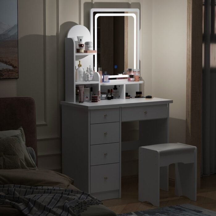 Timechee Makeup Vanity Set with Lightning Mirror, Drawer & Shelf - White - 31.5''L x 15.7''W x 55.1''H - Image 2
