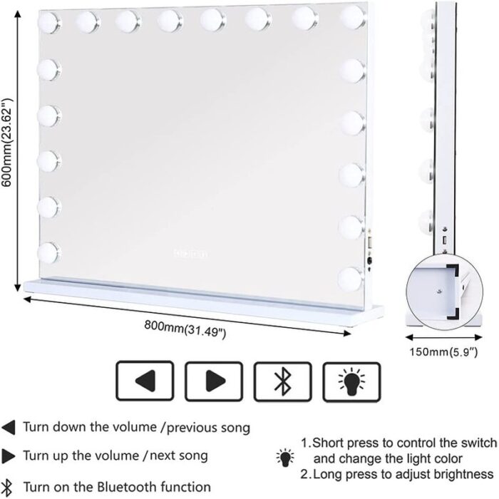 VANITII Large Hollywood Vanity Makeup Mirror 32" x 23" with Lights Bluetooth Tabletop Wall Mount Metal - Image 2