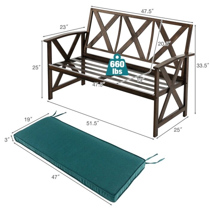 Gymax 51.5'' Outdoor Garden Bench Cushioned Patio Chair with Wood - Image 2