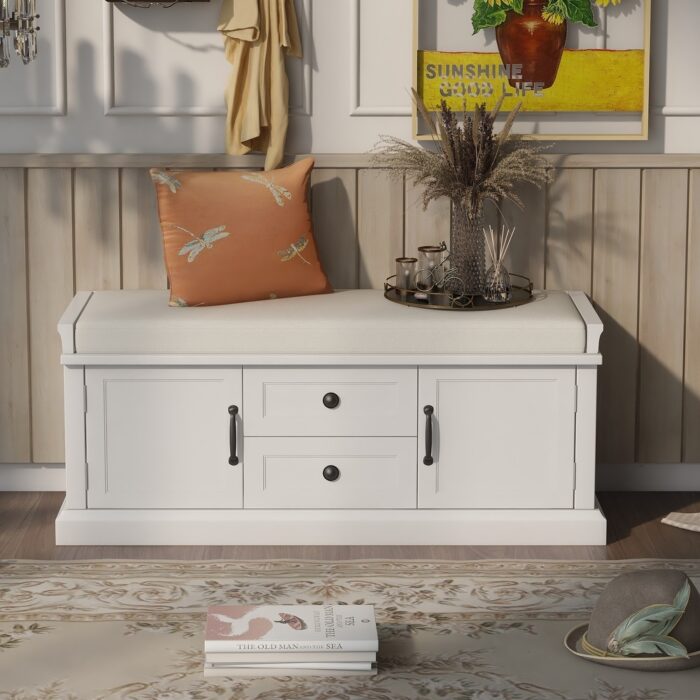 Storage Bench with 2 Drawers and 2 Cabinets, Shoe Bench with Removable Cushion - Image 2