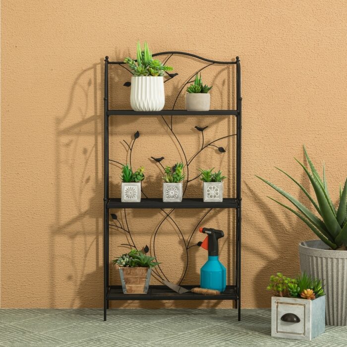 Glitzhome 3 or 4-Tiers Multifunctional Metal Plant Shelving Bakers Rack Planter Stands Flower Pot Shelf One-step Fordable Design - Image 2