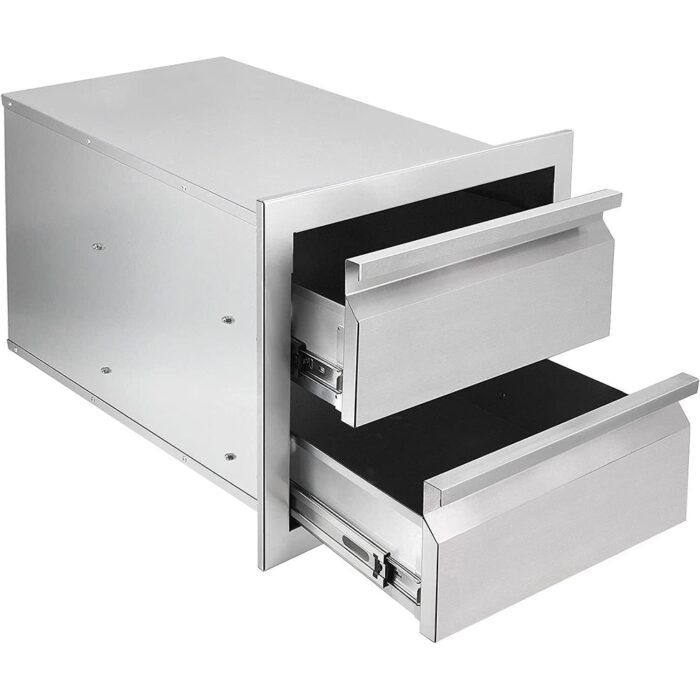 Outdoor Kitchen Drawers Stainless Steel, 14W x 14.4H x 23.2D Inch Flush Mount Double Drawers with Embedded Handle, BBQ Drawers