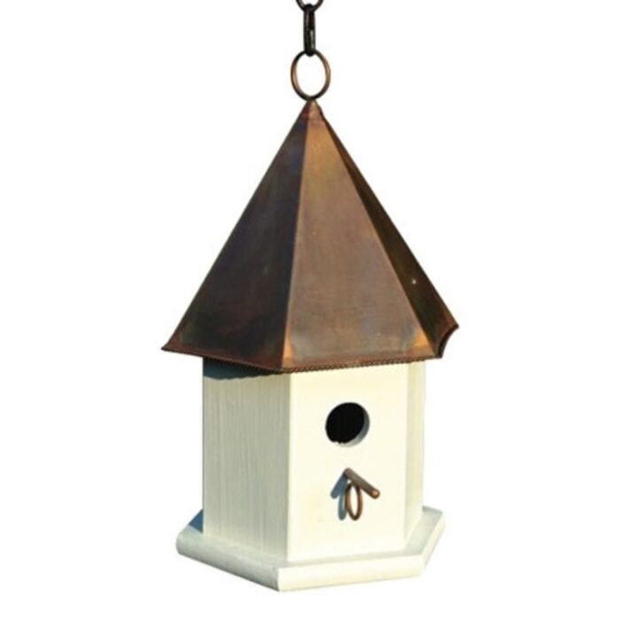 White Wood Songbird Birdhouse with Brown Copper Roof - H-15 In,W- 7 In,D- 7 In