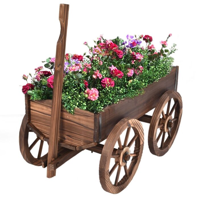 Wood Wagon Planter Pot Stand with Wheels - 47.2" x 17.0" x 21.0"(L x W x H) - Image 2