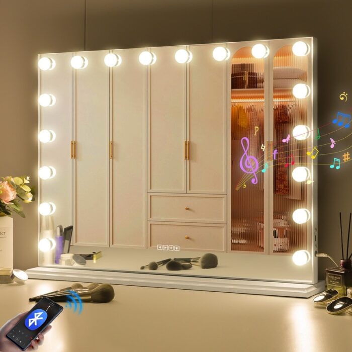 VANITII Large Hollywood Vanity Makeup Mirror 32" x 23" with Lights Bluetooth Tabletop Wall Mount Metal