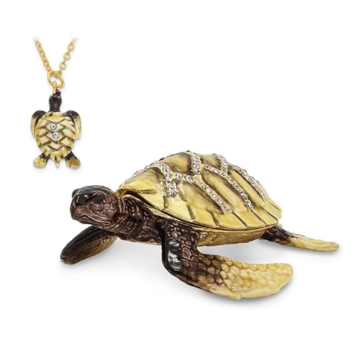 Curata Pewter Bejeweled Crystals Gold-Tone Enameled Yellow Sun Sea Turtle Trinket Box on 18 Inch Necklace - Image 2