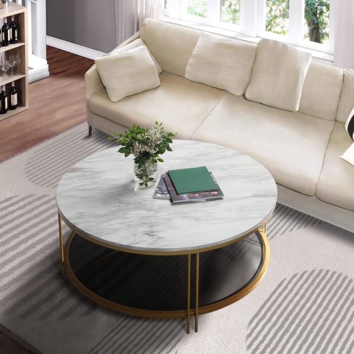 Modern Glam 36" Round Modern Cocktail Coffee Table Storage Shelf with 4 Gold Cross Legs Faux Marble Veneer - Image 2