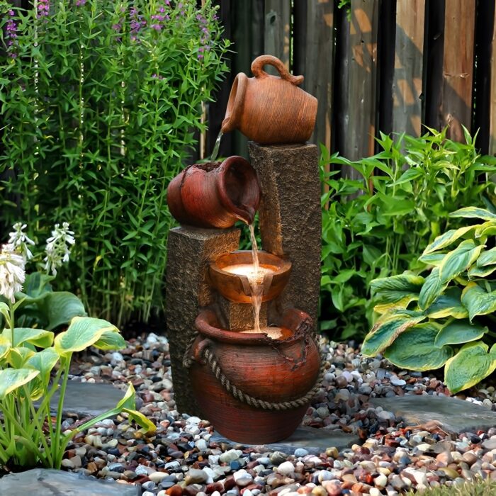 Brown Resin Pots and Posts Outdoor Fountain with LED Lights