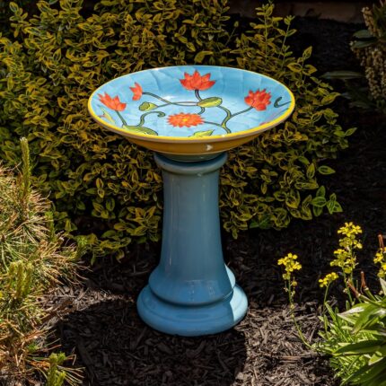 15 Inch Tall Porcelain Pedestal Birdbath - 13"x13"x15"
