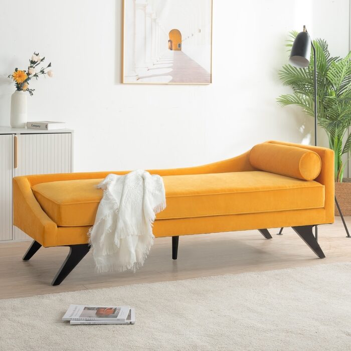 Right Square Arm Reclining Chaise Lounges with Rolled Pillow, Yellow - Image 2