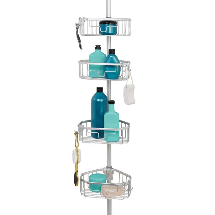 NeverRust Aluminum Tension Pole Shower Caddy, 4 Basket Shelves, Adjustable, 60 to 108 Inch, Satin Chrome
