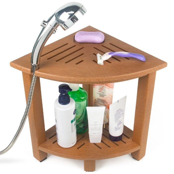 Corner Shower Stool for Inside Shower, Waterproof Shower Bench for Shaving Legs, Bathroom Bench Shower Seat with Storage (Teak)