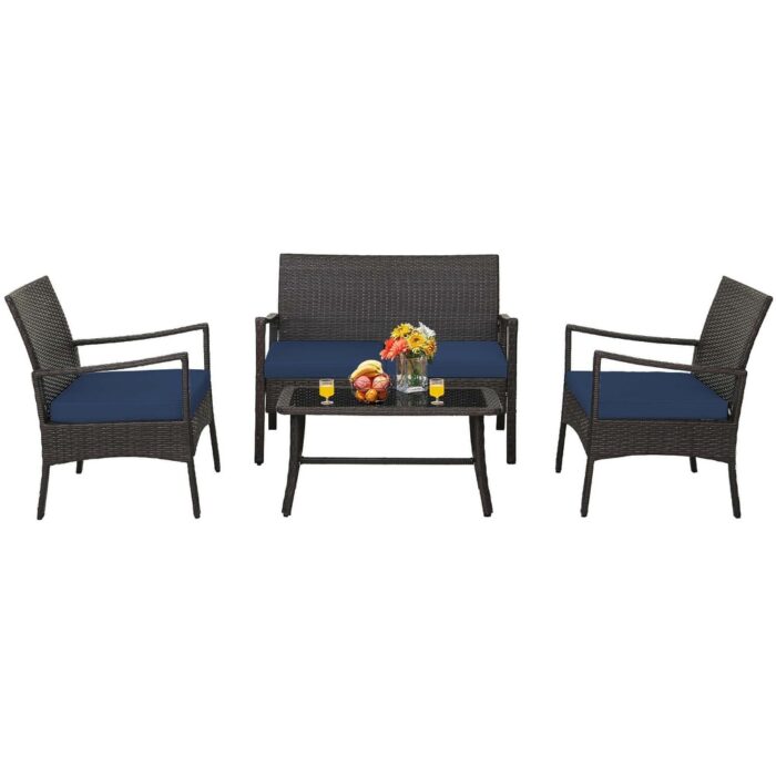 Costway 4PCS Patio Rattan Wicker Furniture Set Cushioned Sofa Armrest - See Details