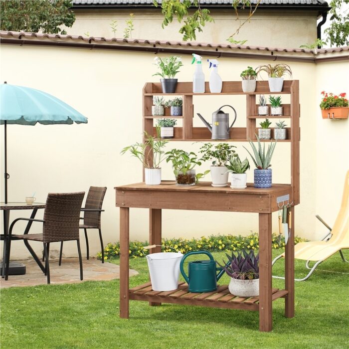 Yaheetech Potting Bench Table with Display Rack Germination Table with Storage Shelf, Brown - N/A - Image 2