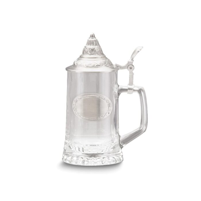 Curata 13.5 Ounce Starbottom Glass Stein with Engravable Pewter Badge and Conical Pewter Lid
