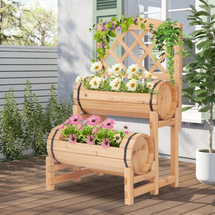 Raised Bed with Trellis Wood Garden Planter Box, 31.5"Height Free-Standing Planters Raised Bed for Climbing Plants