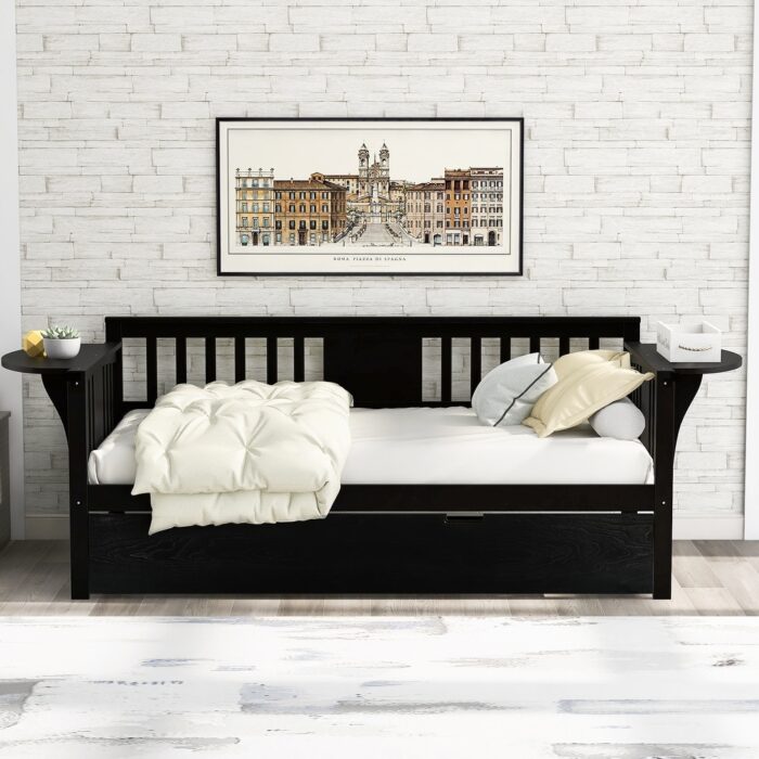 Modern Full Size Solide Pine Wood Daybed with 2 Small Tables, 3 Side Rails and Trundle