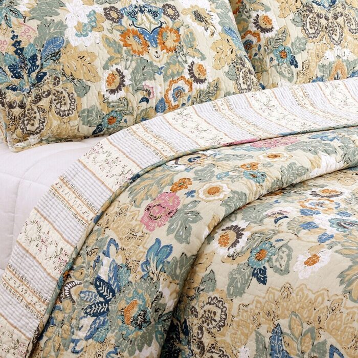 3pc Full/Queen Floral Reversible 100%Cotton Quilt Set Yellow - Image 2