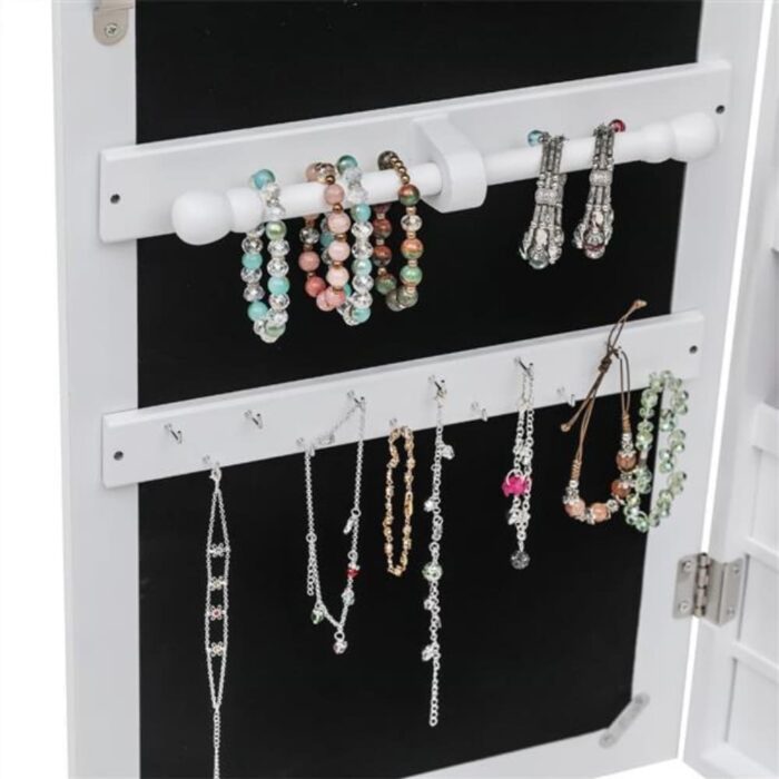 Non Full Mirror Wooden Wall Mounted 4-Layer Shelf 6 Drawers 8 Blue LED Light Jewelry Storage Mirror Cabinet - White - Image 2