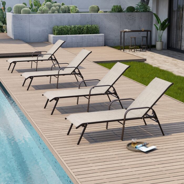 Set of 4 Lounge Chairs Outdoor Chaise Lounge with Arms and Adjustable Back