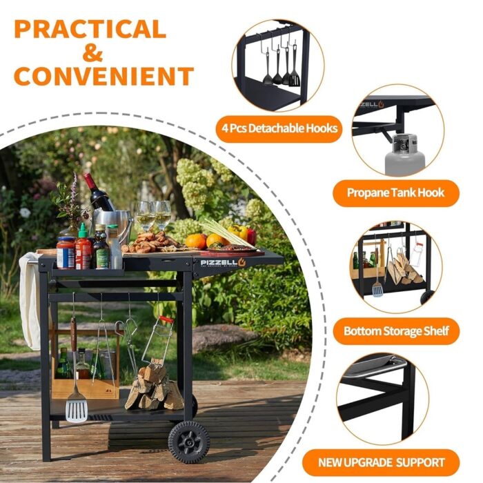 Outdoor Grill Dining Cart Pizza Oven Trolley BBQ Stand - Image 2