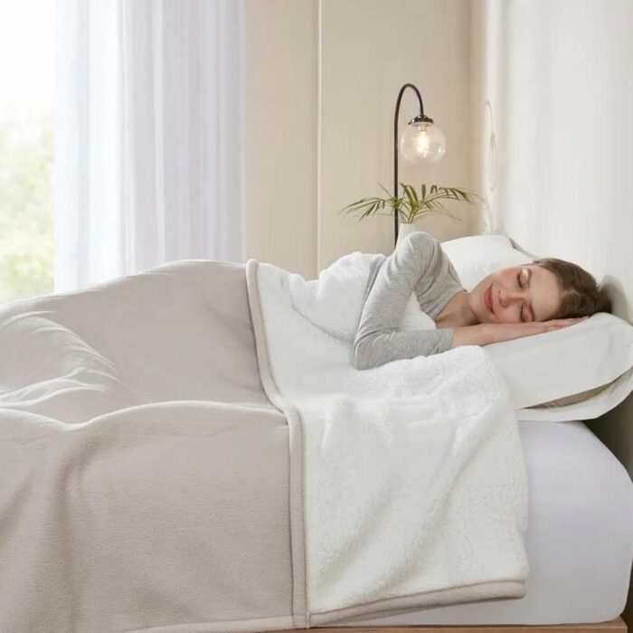 Queen Solid Fleece to Sherpa Heated Blanket Tan - Image 2