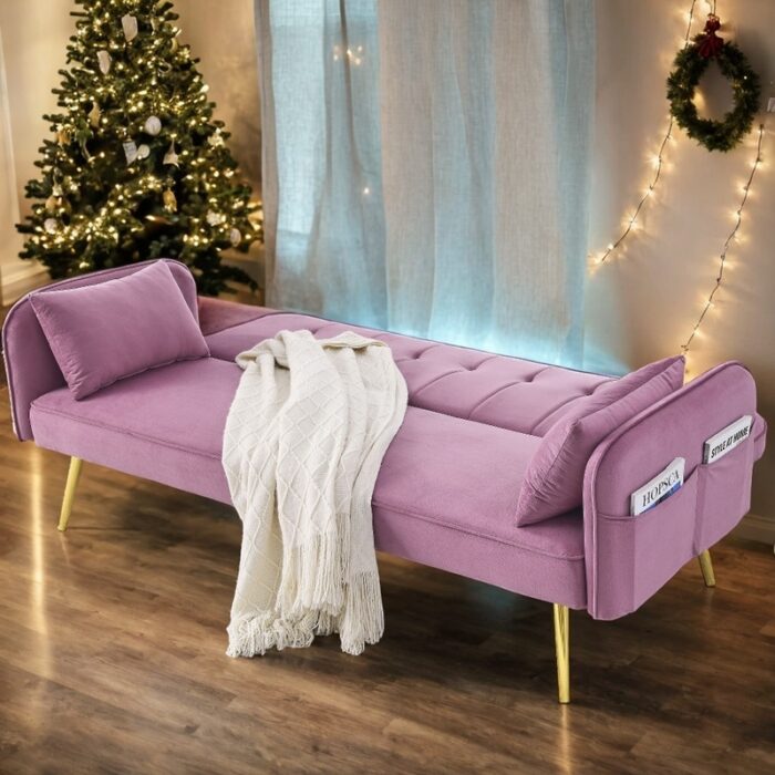 72.5" Convertible Adjustable Velvet Sofa Bed,Folding Lounge Recliner,Reversible Daybed With Two Pillows And Center Leg - Image 2